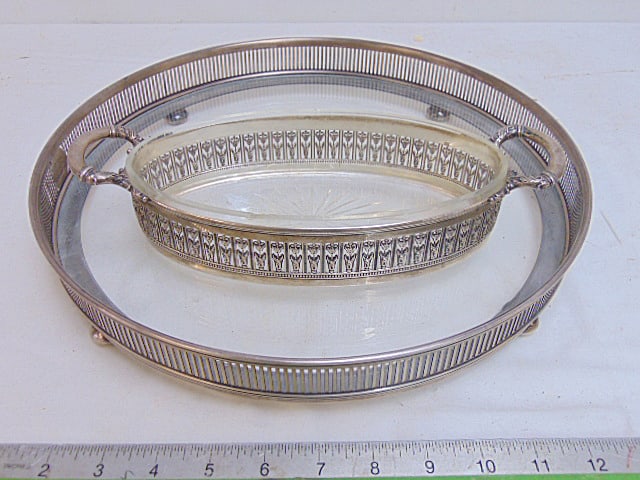 2 sterling rimmed trays, one oval with glass insert (chipped), has floral pattern reticulated edge, (1 of 11)