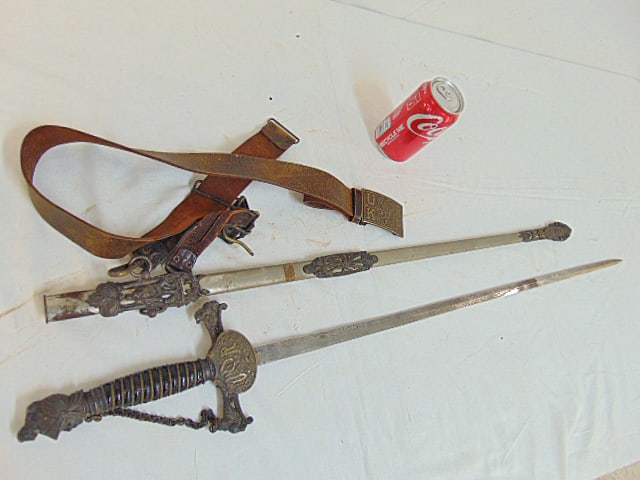 Knights of Pythias fraternal sword, with leather belt, sword is 38" long (1 of 6)