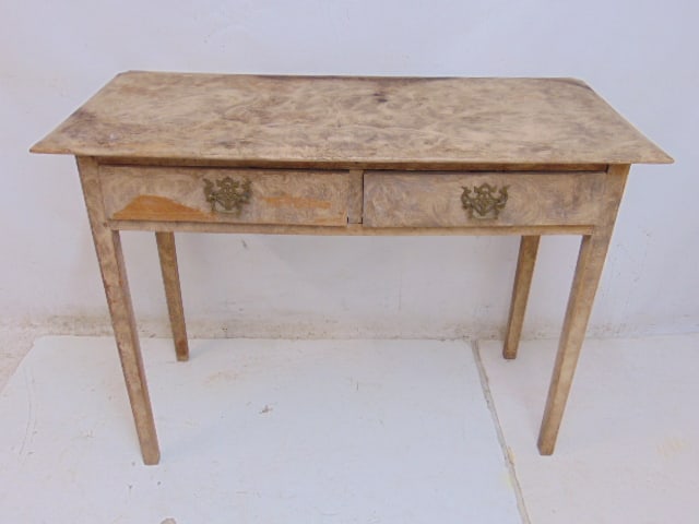 Paint decorated two drawer work table, some staining on top, one drawer has loss of paint, table is (1 of 5)