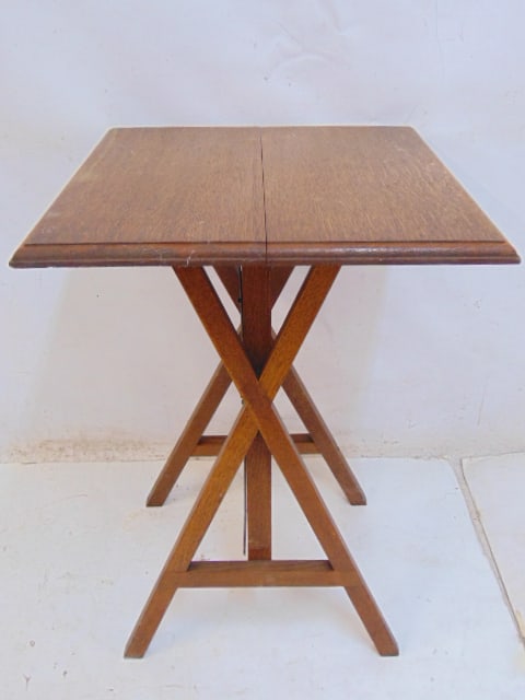 Oak mechanical table, converts from square stand to table, 20.5" by 20.5", height is 30", (1 of 4)