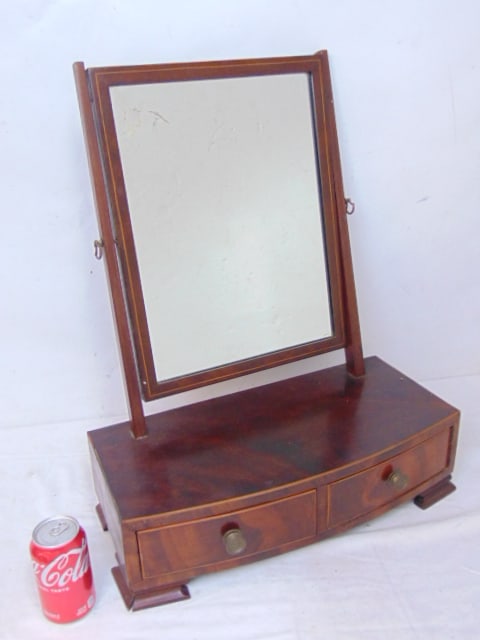 Mahogany inlaid shaving or vanity mirror with two drawers, 20" by 9.5", height is 24.25" (1 of 4)