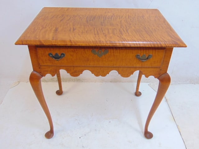 Eldred Wheeler tiger maple Queen Anne side table with single drawer, table is 27.25" by 18 3/8", (1 of 8)