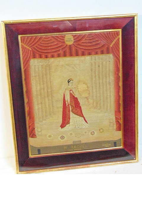 Petit point theater scene, "Comedie France" M;;c Rachel, Dans Phedre, Leon Pons 1898, 28" by 23" (1 of 6)
