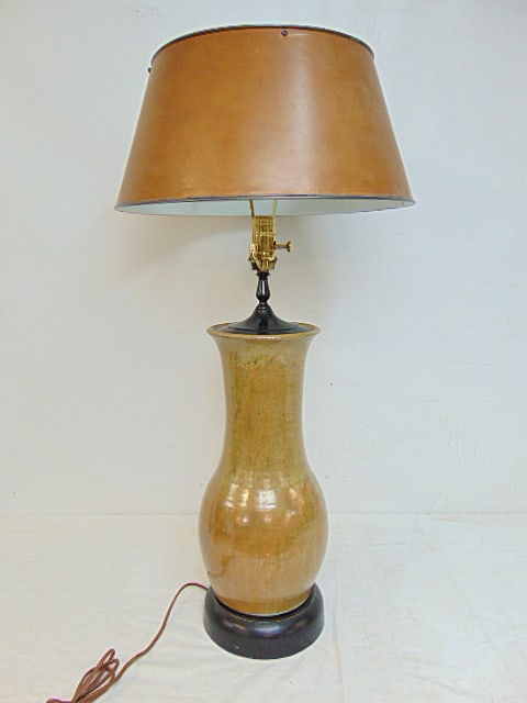 Pottery table lamp, signed Charles West (??) with fish mark, total height is 32.5", good condition (1 of 4)
