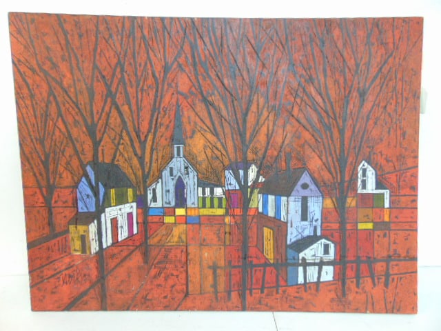 Painting, small village, in Bernard Buffet style, signed illegibly, oil on canvas, 29.75" by 40": Painting, small village, in Bernard Buffet style, signed illegibly, oil on canvas, 29.75" by 40"