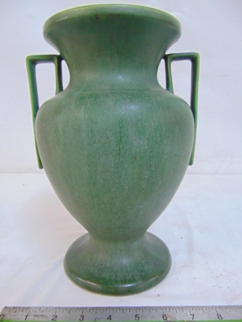 J.S.T. & Co, Keene N.H. green pottery vase in urn form, Hampshire, in good condition, height is (1 of 5)