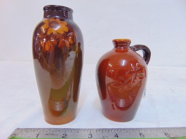 2 small Rookwood vases, floral decorated vase by Leona van Briggle 5 3/8" & small single handles: 2 small Rookwood vases, floral decorated vase by Leona van Briggle 5 3/8" & small single handles vase, miniature jug, 4"