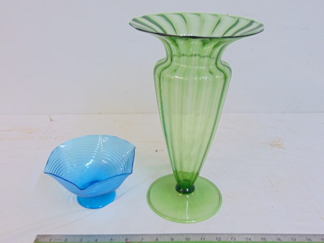 Green glass vase & blue glass bowl, vase is 13.25" tall, bowl is 7" wide. (1 of 5)