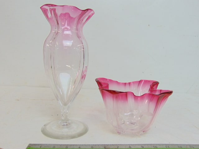 Steuben "Grotesque" art glass bowl & vase, clear glass with pink edge, vase has chipped foot, bowl (1 of 6)