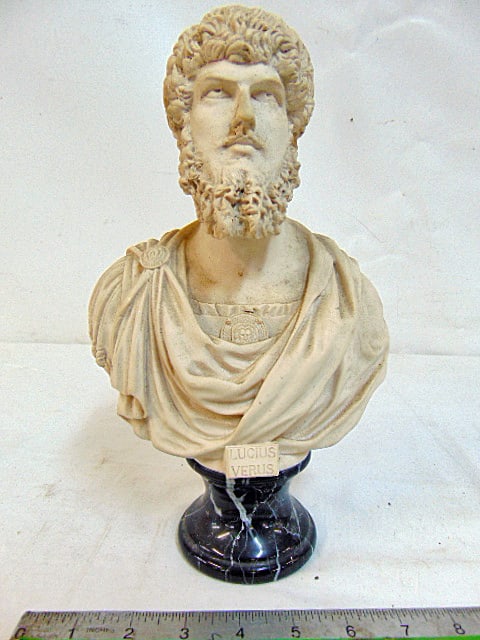 Small carved neoclassical Roman bust by A. Brusci, "Lucius Verus", on black marble base, height is (1 of 6)