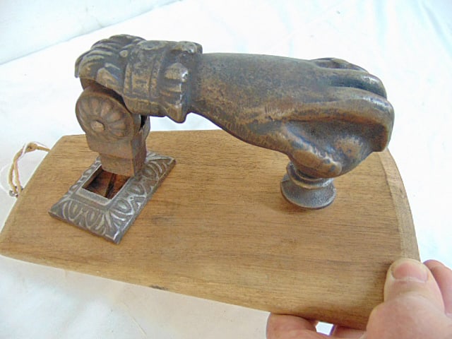 Heavy "Victoria's Hand" iron door knocker, hand holding ball, 7" between ball & strike point: Heavy "Victoria's Hand" iron door knocker, hand holding ball, 7" between ball & strike point