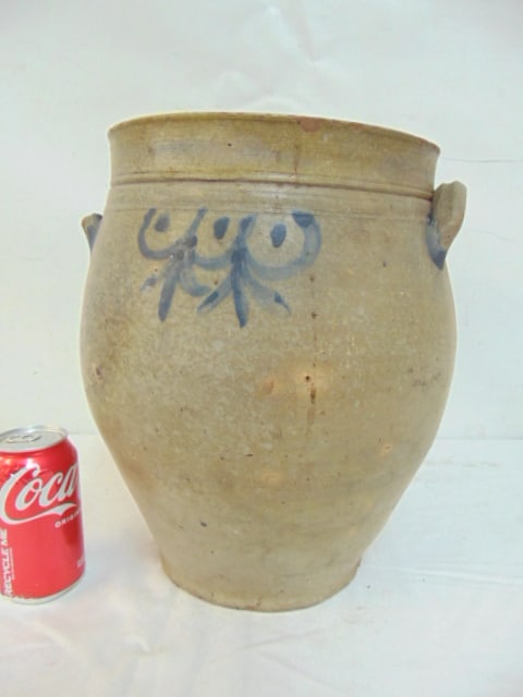 Early Manhattan oval stoneware crock, some chips, missing a handle, crock is 13" tall, 12" wide. (1 of 5)