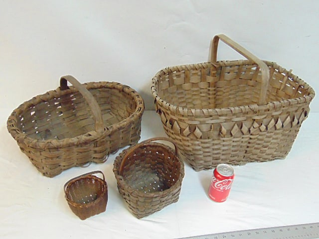 4 baskets, 2 larger splint gathering baskets with bentwood handles, small berry basket & woven (1 of 4)