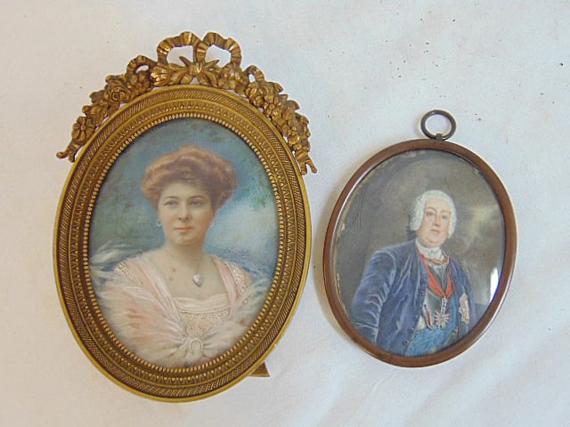 2 miniature portraits, portrait of a lady in heavy bronze frame & portrait of a gentleman with whig, (1 of 5)