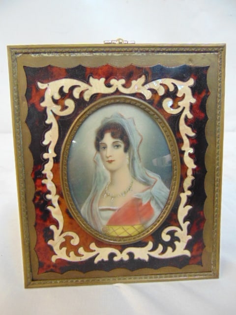 Framed miniature portrait, portrait of a lady, in decorative brass inlaid frame, total size is 5 (1 of 4)