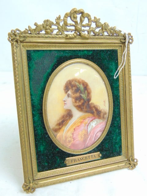 Miniature portrait in bronze frame, "Francetta", signed Keibla (Neibla?), velvet liner, 7" by 5.25" (1 of 5)