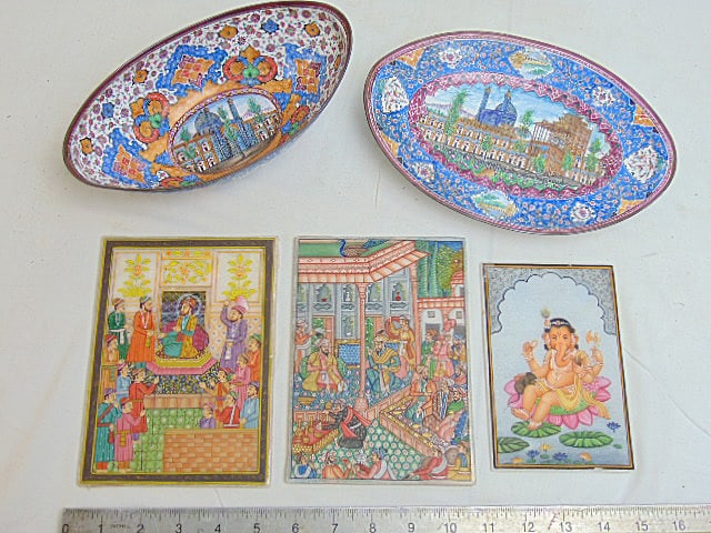 Lot of Indian painted marble plaques & enameled bowl & plate, intricately painted with figures, (1 of 12)