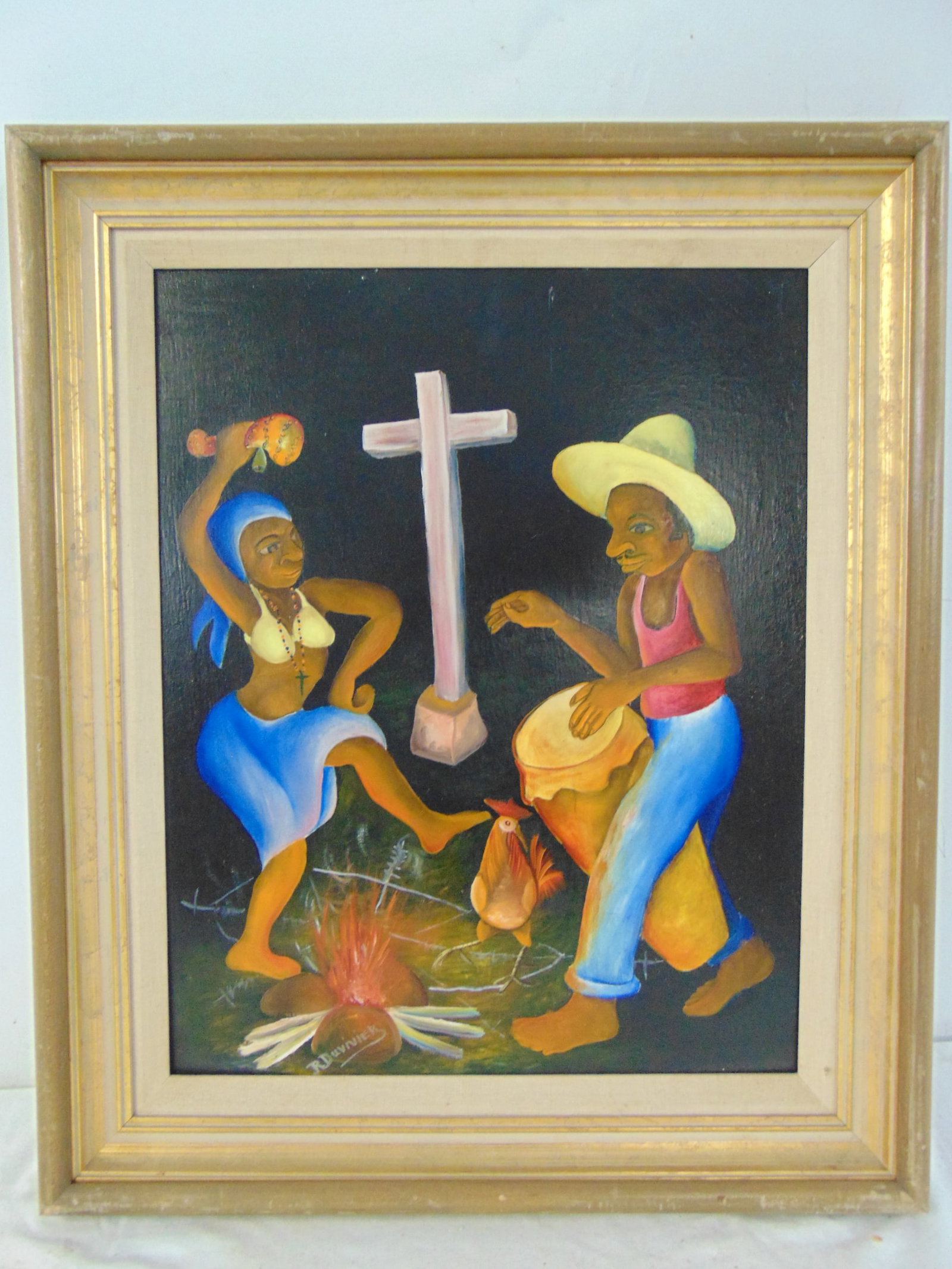 Painting, "Voodoo Rite", signed R. Duvivier (Raymond), oil on board, Haitian school, 20" by 16", (1 of 7)