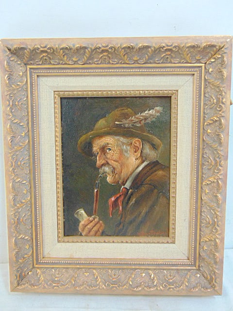 Painting, portrait of a man with pipe, signed H. Barttenbach (Hans), oil on board, 7" by 5.5", (1 of 5)