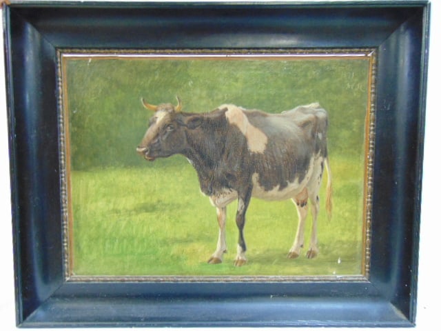 Painting, cow, signed A.P.M., 1871, in ebonized frame, oil on canvas, 12" by 16.25", framed size is (1 of 4)