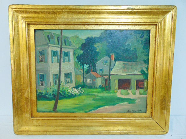 Painting, house with garage, signed Grace D. Edwards, has floral still-life on reverse, oil on (1 of 6)