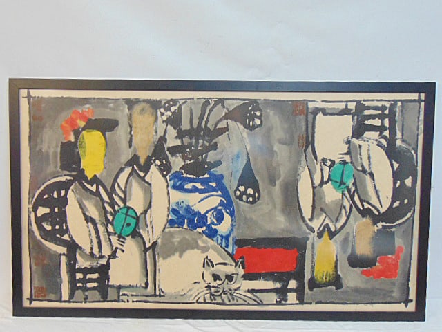Painting, figures & cat, signed (Chinese ?), watercolor on paper, 25.75" by 46.75", various stamps,: Painting, figures & cat, signed (Chinese ?), watercolor on paper, 25.75" by 46.75", various stamps, marks,