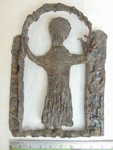 Hana Geber brutalist bronze, bearded figure in doorway, 13" by 9 3/8" (1 of 4)