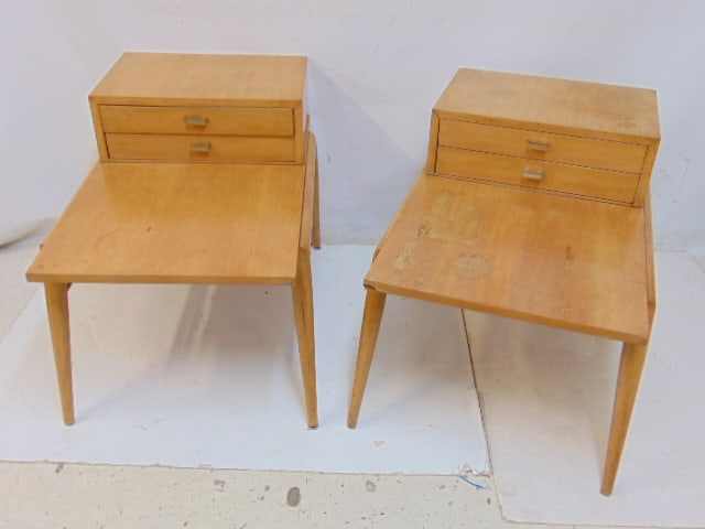 Pair Mid Century step back side tables with two drawers, blond finish, each stand is 32" by: Pair Mid Century step back side tables with two drawers, blond finish, each stand is 32" by 23"(measured at floor level), height is 24"