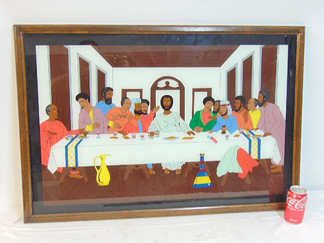 Painting on glass, last supper interpretation, African Jesus & the apostles, eglomise panel is 23.5": Painting on glass, last supper interpretation, African Jesus & the apostles, eglomise panel is 23.5" by 35.5"