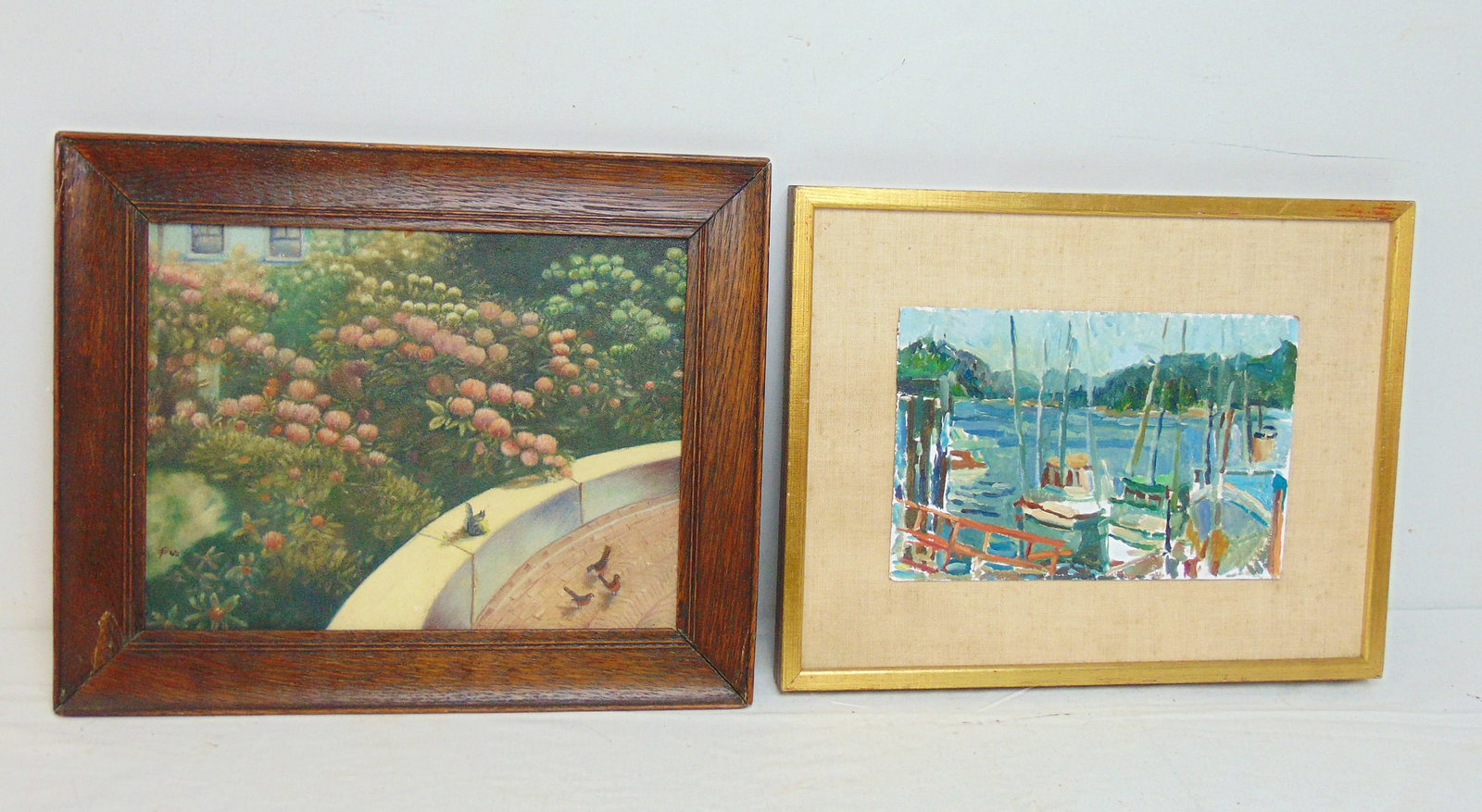 2 paintings, boats in harbor by Kurt Sluizer, 7" by 10.5" (art only) & birds on wall in garden,: 2 paintings, boats in harbor by Kurt Sluizer, 7" by 10.5" (art only) & birds on wall in garden, unsigned, oil on board, in oak frame, 10" by 13", framed sizes are 12.75" by 16.25" & 13.5" by 16.5"