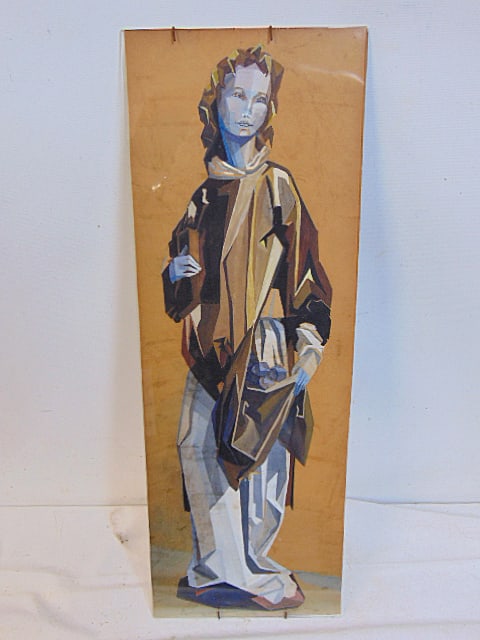 Painting, full body portrait in cubist style, watercolor, unsigned, 19 1/8" by 6 5/8": Painting, full body portrait in cubist style, watercolor, unsigned, 19 1/8" by 6 5/8"