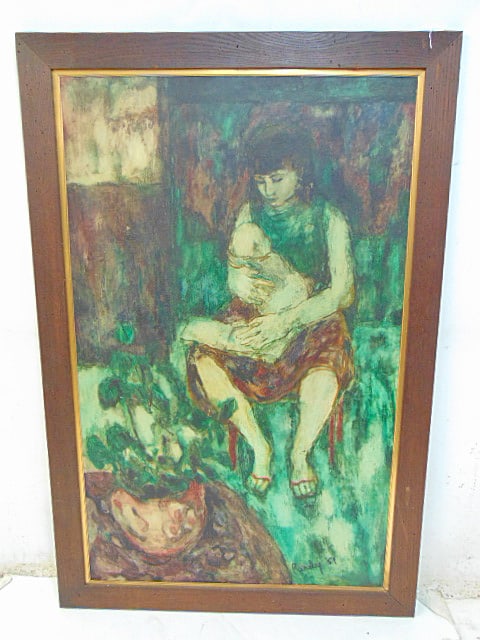Painting, mother & child, signed Purdy '59, oil on Masonite, 54" by 36" framed size.: Painting, mother & child, signed Purdy '59, oil on Masonite, 54" by 36" framed size.
