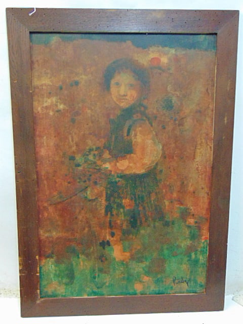 Painting, young girl with flowers, signed Purdy, oil on Masonite, 41" by 29": Painting, young girl with flowers, signed Purdy, oil on Masonite, 41" by 29"