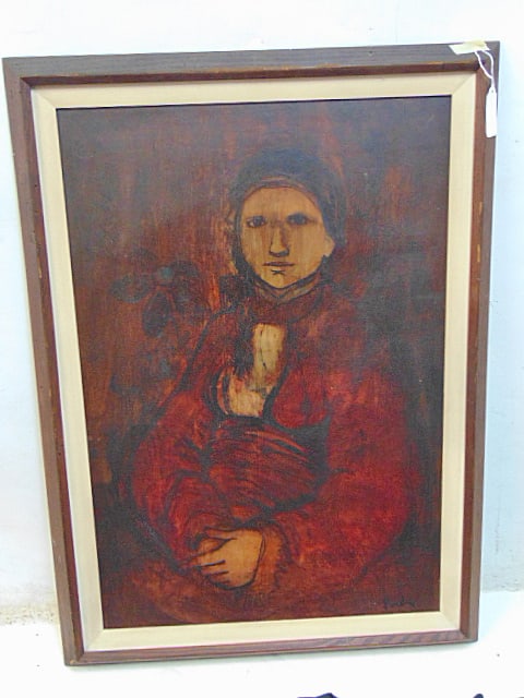 Painting, portrait woman in red coat, signed Purdy, oil on Masonite, 37" by 27": Painting, portrait woman in red coat, signed Purdy, oil on Masonite, 37" by 27"