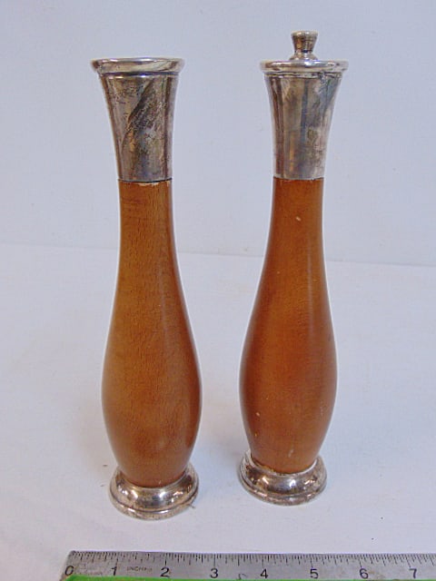 Italian wood & sterling salt & pepper, 10 3/8" tall (1 of 4)