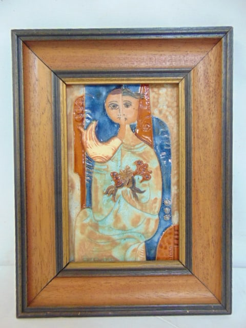 Ceramic relief plaque, Ruth Faktor, figure holding flowers, framed, 8.75" by 5.5", framed size is (1 of 4)