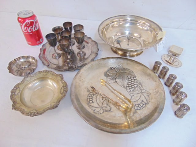 Large lot sterling silver hollowware, trays, bowls, cups, more, 41.5 troy, note, small tray, box & (1 of 4)