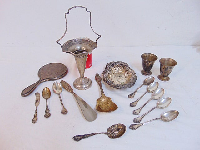 Lot of sterling silver, spoons, bowl, cups, also includes weighted silver vase, shoehorn, mirror, 15: Lot of sterling silver, spoons, bowl, cups, also includes weighted silver vase, shoehorn, mirror, 15 troy plus weighted