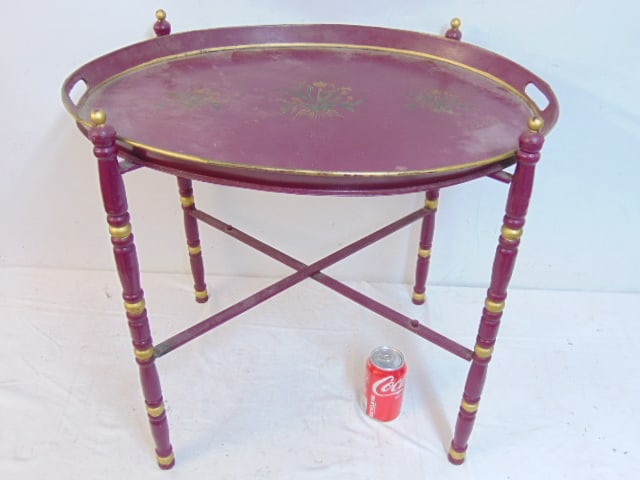 Tole tray table with floral decoration, tray is 25" by 19.75", height is 23", base folds (1 of 5)