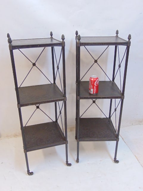 2 quality metal & pressed leather (?) etagere stands, made in Vietnam, each stand is 12.5" by 12.5",: 2 quality metal & pressed leather (?) etagere stands, made in Vietnam, each stand is 12.5" by 12.5", height is 39.75"