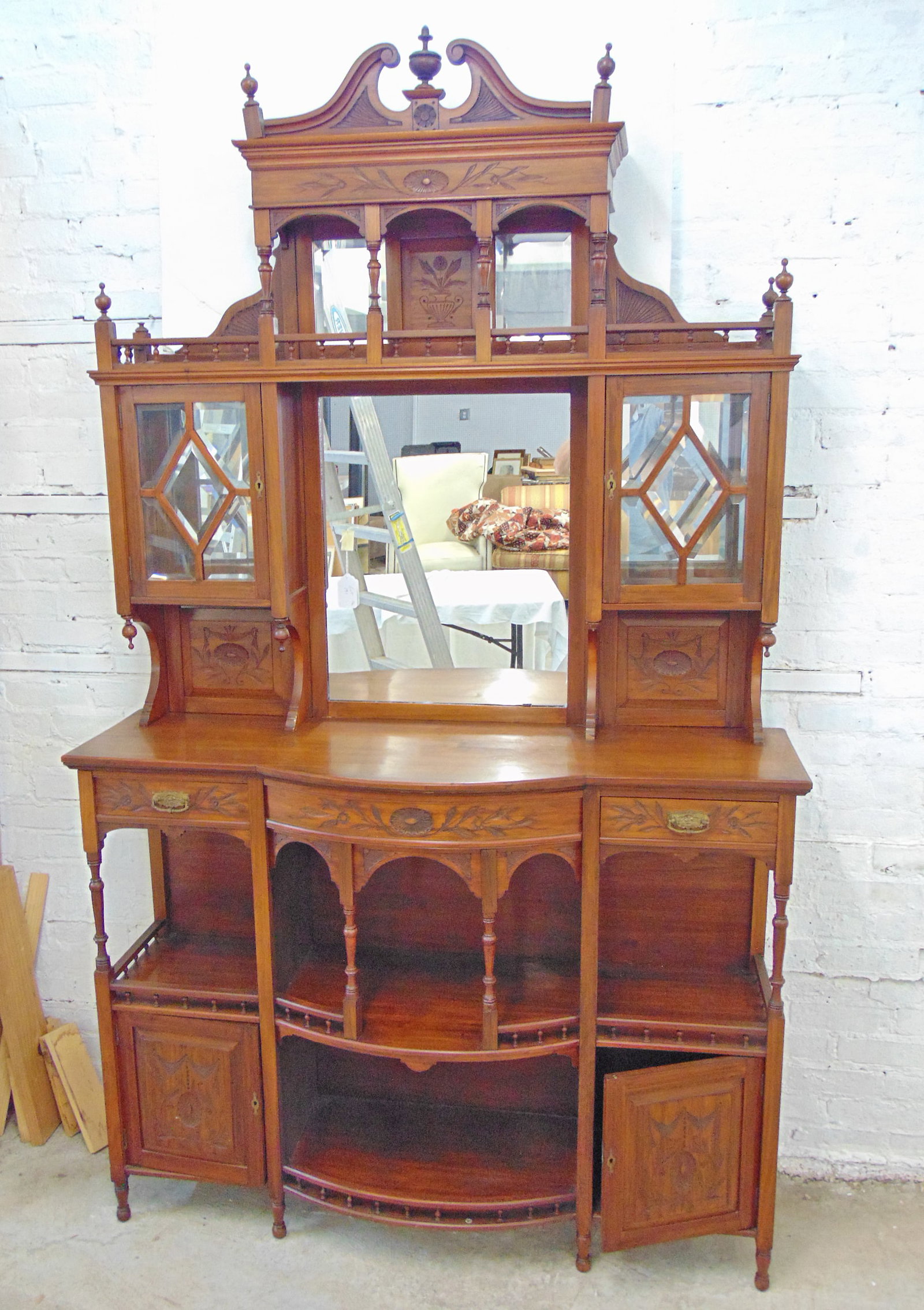 Mahogany Victorian carved etagere server with beveled glass, carved detail, 19th Century, 53.75" (1 of 6)