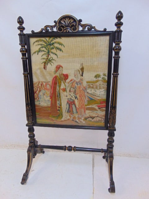 Ebonized Victorian needlepoint firescreen, gilt detail, Persian scene, screen is 29.5" wide, height (1 of 5)