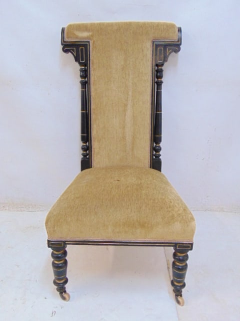 Ebonized Victorian prayer chair, upholstered seat & back, gilt detail, chair is 21.75" wide, 24" (1 of 3)