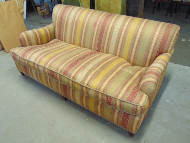 Mitchell style upholstered sofa with gold toned striped upholstery, clean, sofa is 71" long, 38" (1 of 4)