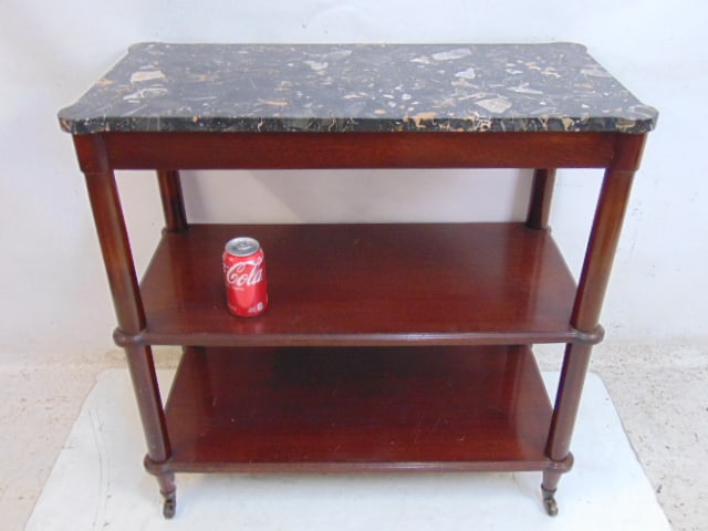 Marble top mahogany etagere style side table, 2 tier, black marble top table is 31.5" by 15.75", (1 of 4)