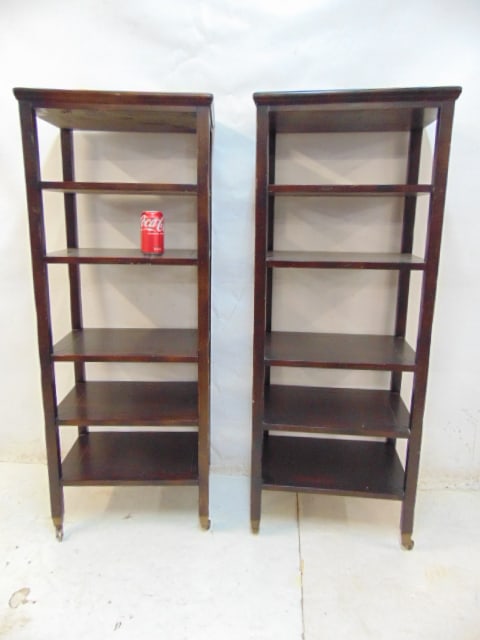 Pair Baker etagere stands, 6 tier, each etagere is 19.5" by 14.25", height is 50", some scratches,: Pair Baker etagere stands, 6 tier, each etagere is 19.5" by 14.25", height is 50", some scratches, made exclusively for Milling Road, A Division of Baker Furniture