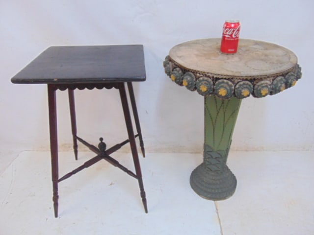 2 stands, side tables, tramp art style side table & square stand with decorative skirt and cross (1 of 5)