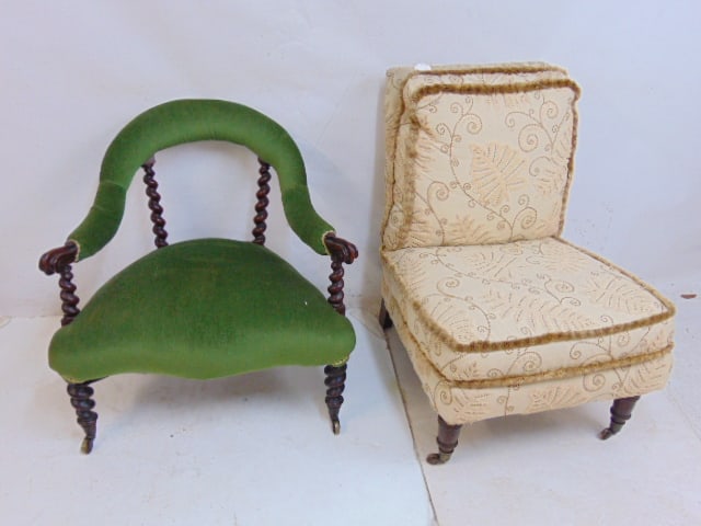 2 Victorian chairs, green upholstered chair with carved wood spiral frame & upholstered side chair (1 of 5)