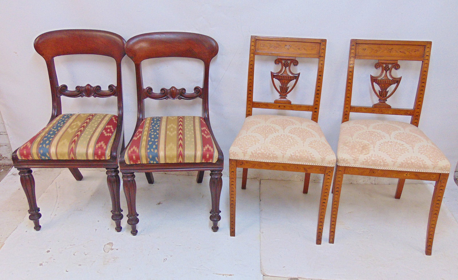 2 pair antique chairs, pair mahogany Empire style side chairs with upholstered seats & pair Italian (1 of 8)