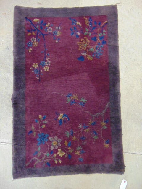 Chinese scatter rug in purple with floral designs, carpet is 58" by 36.75", (1 of 4)